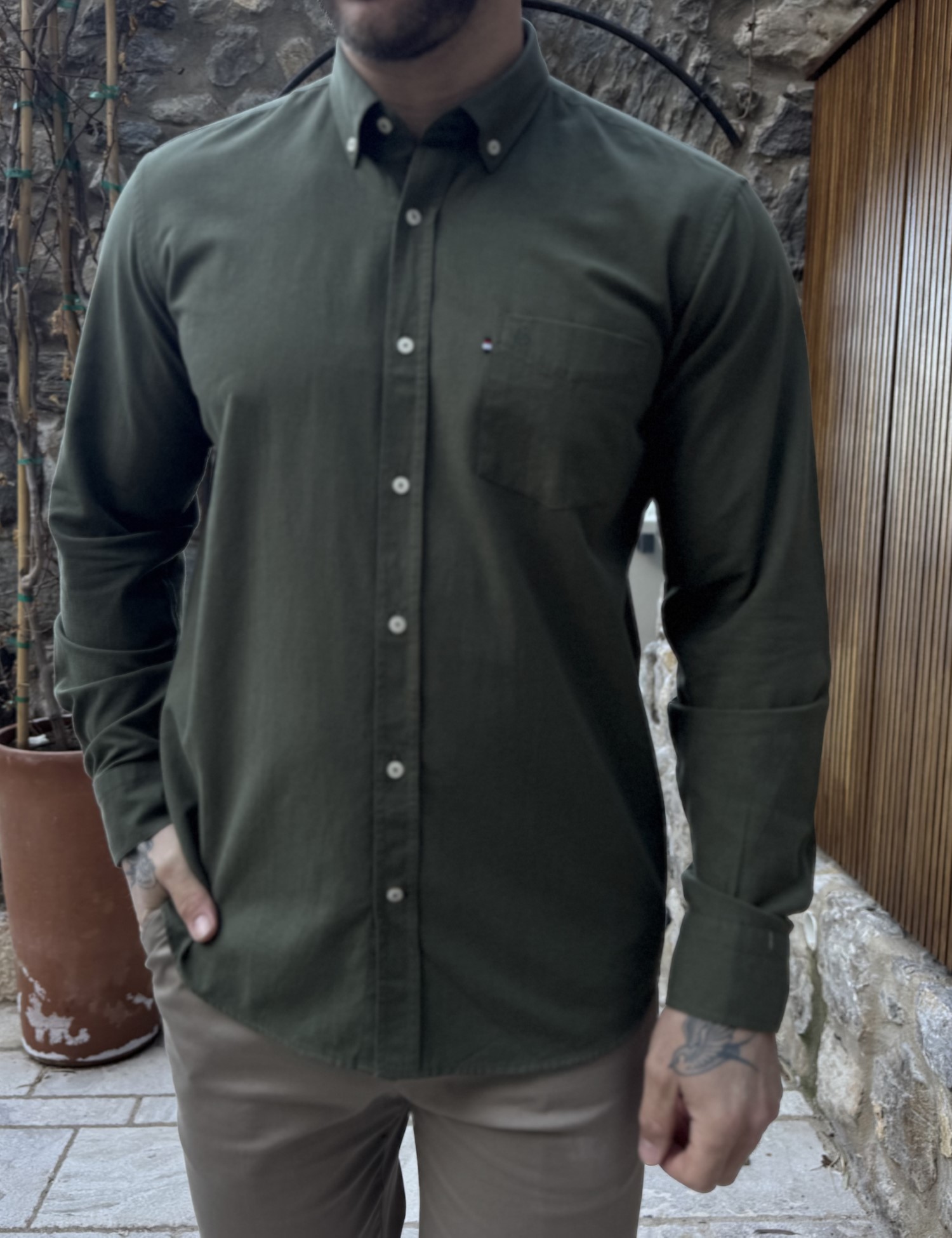 Ανδρικό χακί βαμβακερό πουκάμισο Oxford 966X